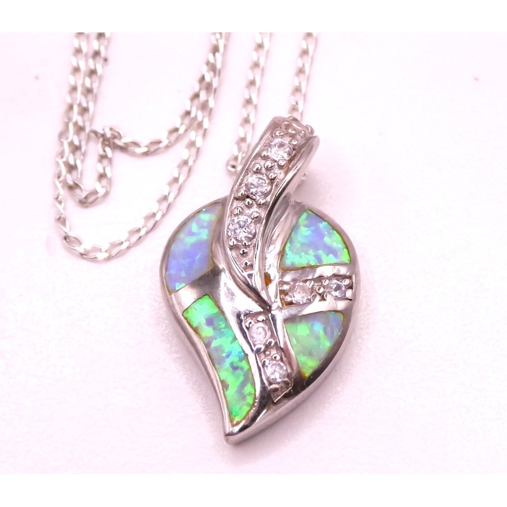 Sterling Silver 925 Blue Lab Opal 23" Pendant Necklace Women's Cable Chain CZ